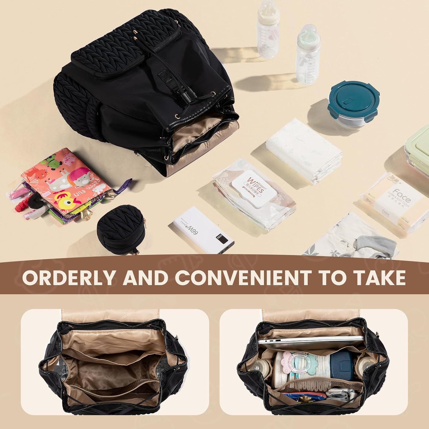 Stylish  Diaper Bag Backpack, Water-Resistant Travel Baby Bag  with Changing Pad, Stroller Straps