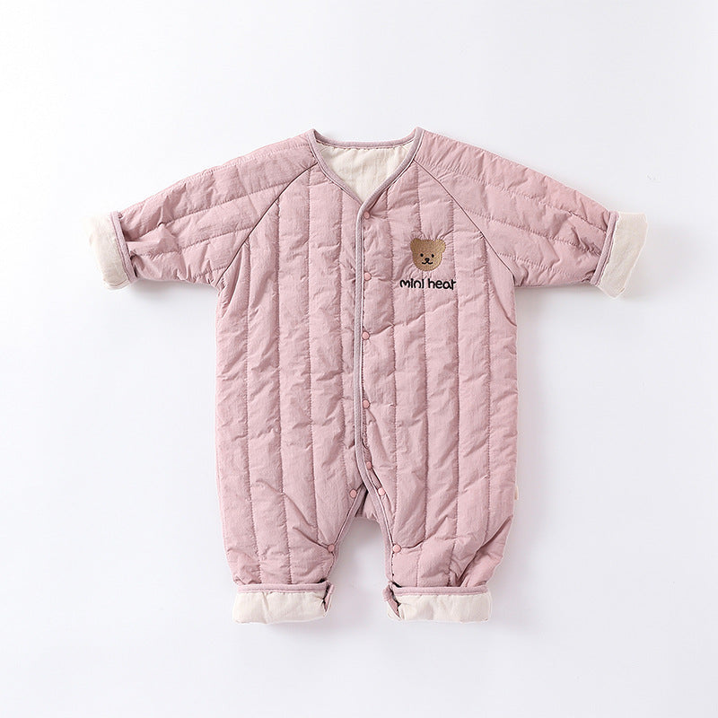 Baby Winter Padded Romper - Embroidered Bear Quilted Jumpsuit for Infants