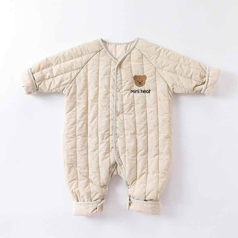 Baby Winter Padded Romper - Embroidered Bear Quilted Jumpsuit for Infants