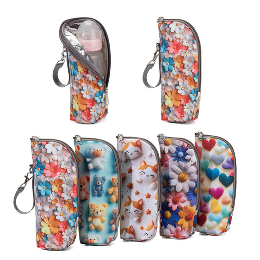 Insulated Bottle Bag with Adjustable Strap – 3D Pattern Thermal Baby Milk Bottle Holder, Portable Water Bottle Pouch for Stroller, Outdoor Travel