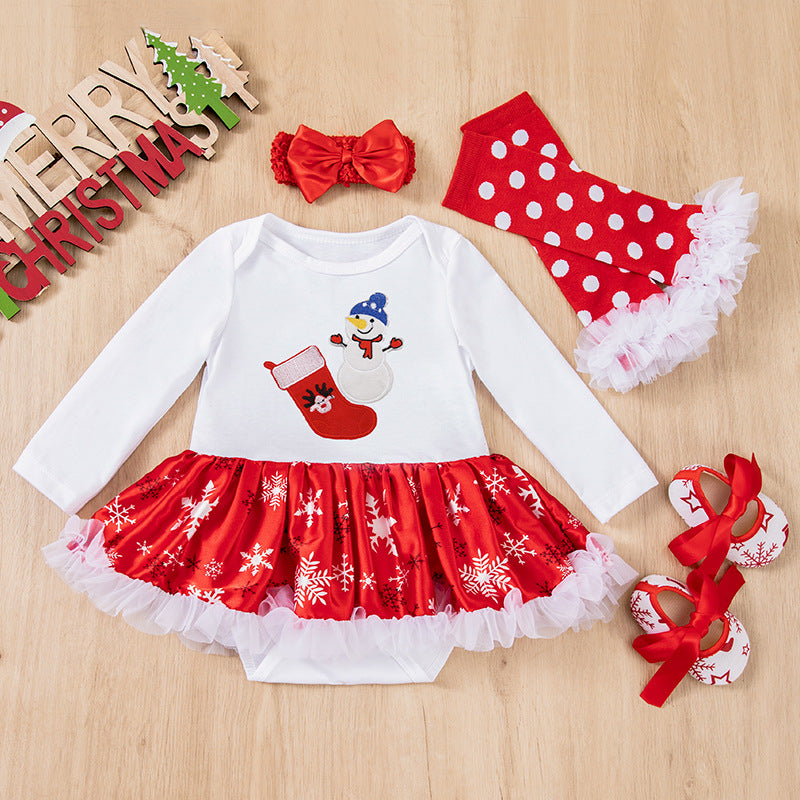 Christmas Baby 4-Piece Set - Cotton Romper, Hat & Mittens
