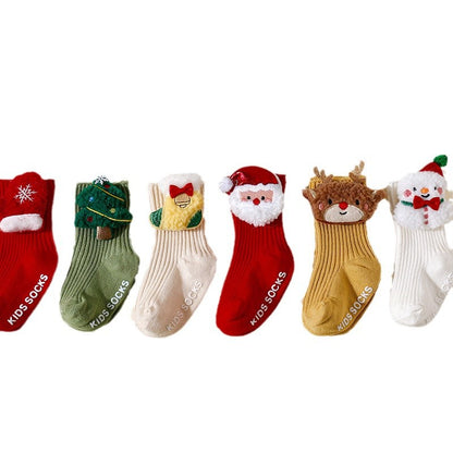 Christmas Baby Socks 3-Pair Set - Non-Slip Grip Cotton Socks with Holiday Designs