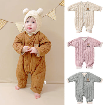 Baby Winter Padded Romper - Embroidered Bear Quilted Jumpsuit for Infants