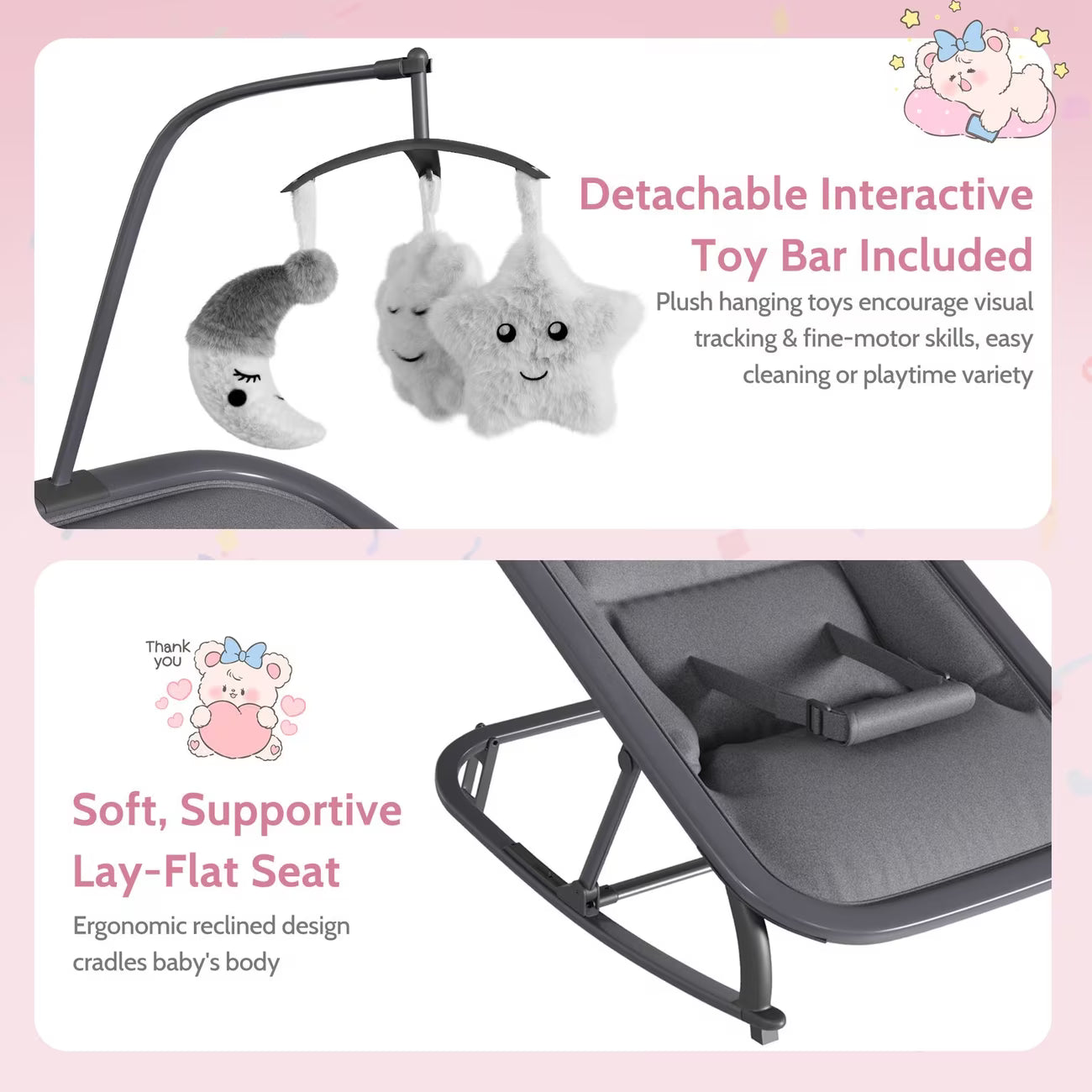 Baby Bouncer Folding Bouncer Seat Chair for Babies 0-9 Months with Toy Bar Gray