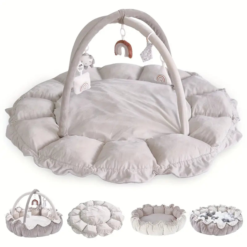5-in-1 Thick & Plush Baby Play Gym, Tummy Time Mat with 6 Toys
