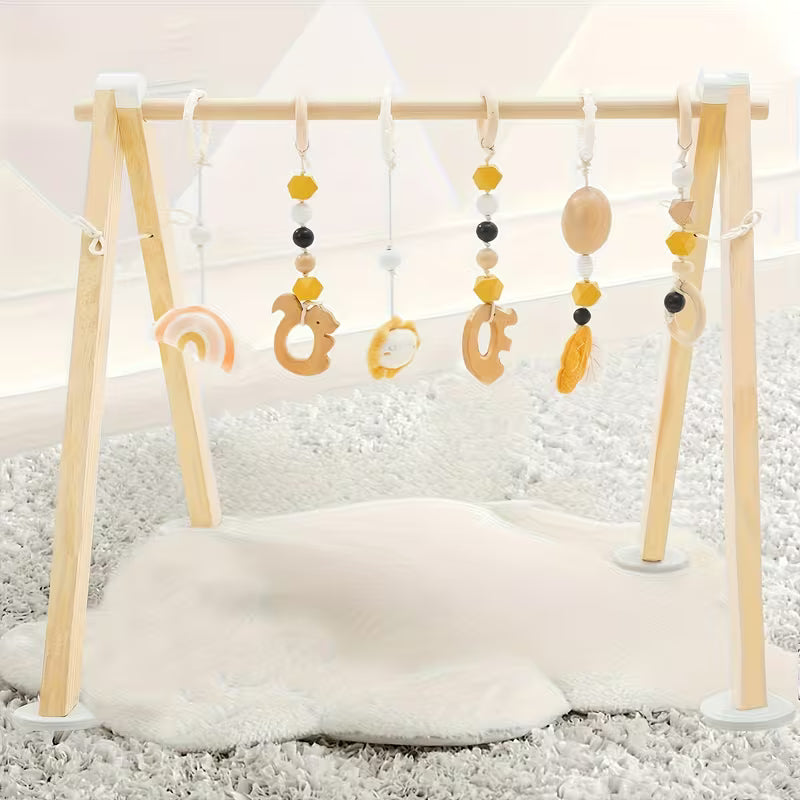 Wooden Baby Gym Featuring Six Hanging Toys, a Foldable Design Suitable for Infants Aged 0-12 Months, Perfect As a Gift for Newborns