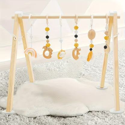 Wooden Baby Gym Featuring Six Hanging Toys, a Foldable Design Suitable for Infants Aged 0-12 Months, Perfect As a Gift for Newborns