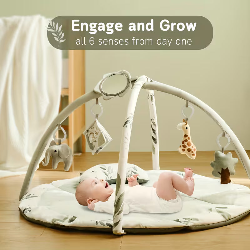 Baby Play Gym & Activity Mat, Tummy Time Mat W 5 Detachable Toys And Pillow, Large Sensory Playmat for Floor, Newborn Infant Baby Essentials