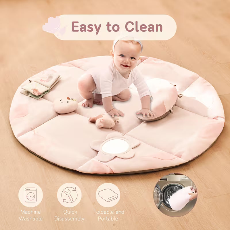 Baby Play Gym & Activity Mat, Tummy Time Mat with 5 Detachable Toys and Pillow, Large Sensory Playmat for Floor, Oversize Flower Pattern Play Mat