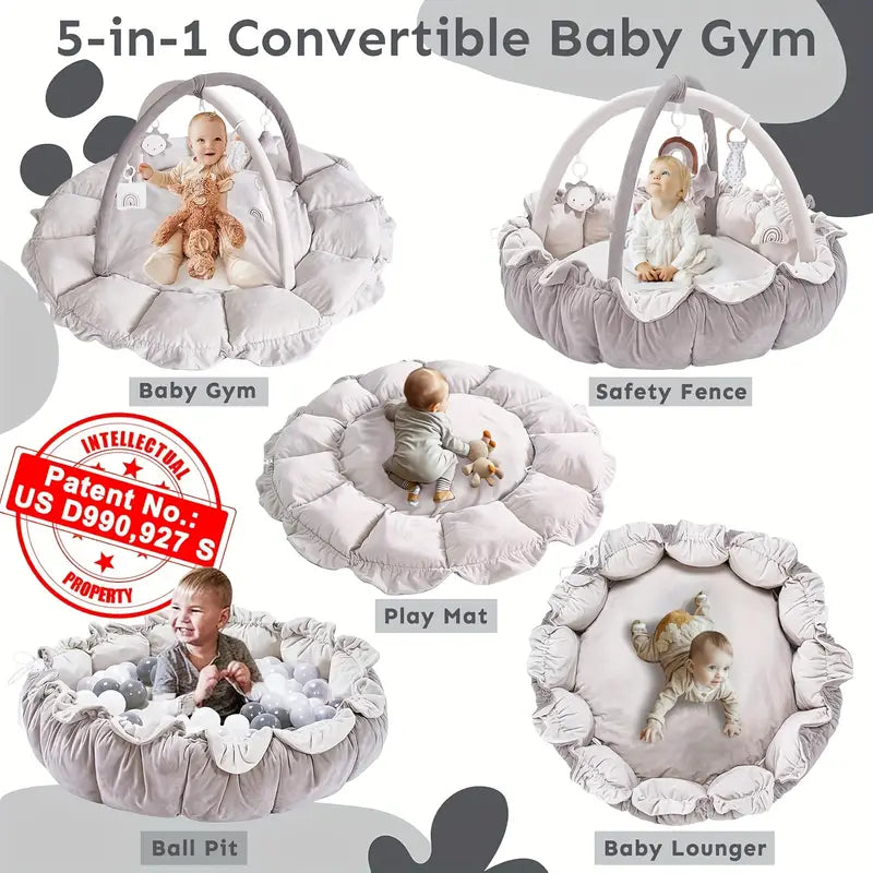 5-in-1 Thick & Plush Baby Play Gym, Tummy Time Mat with 6 Toys