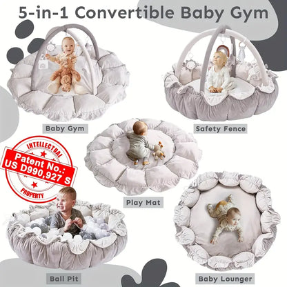 5-in-1 Thick & Plush Baby Play Gym, Tummy Time Mat with 6 Toys
