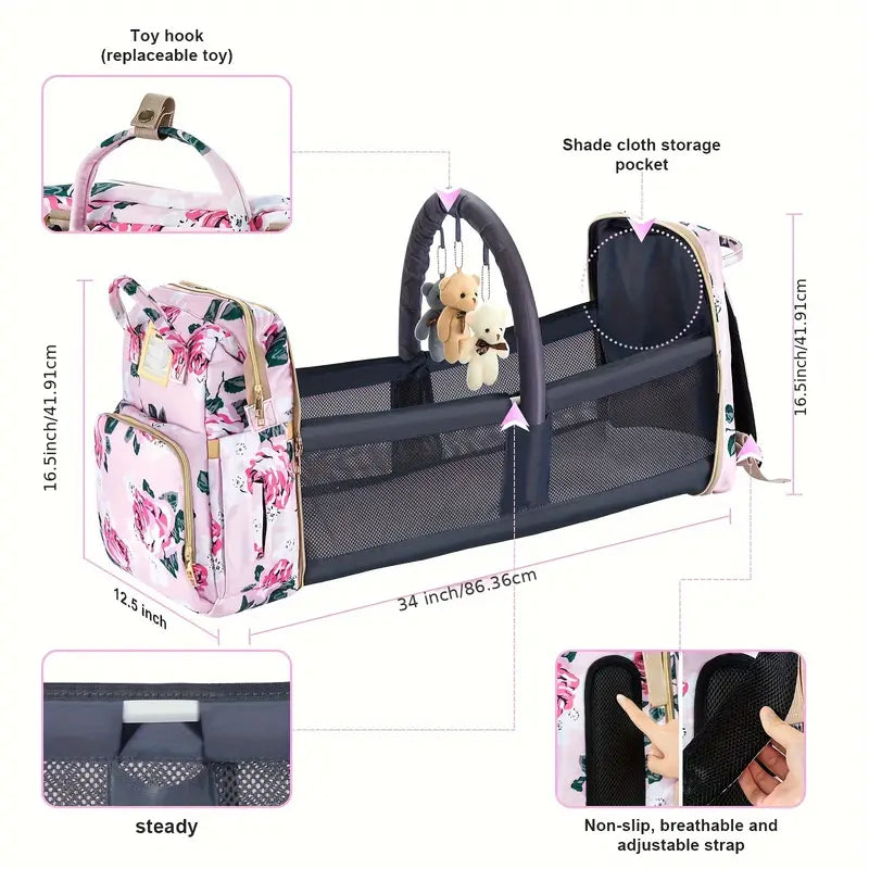 Large Capacity Diaper Bag with USB Charging Port, Multifunctional Foldable Baby Bed, Nappy Changing Backpack