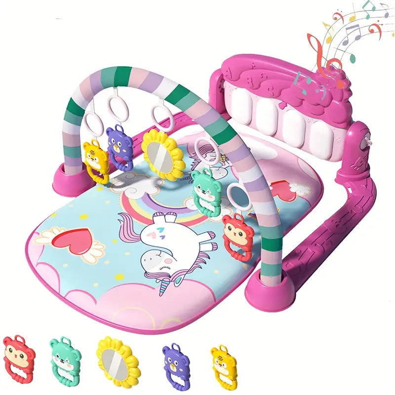 2 In 1 Baby Gym Play Mat Tummy Time Mat Musical Activity Center with 5 Rattle Toys 422 Melodies for 0-12 Months Old Space Dinosaur Unicorn