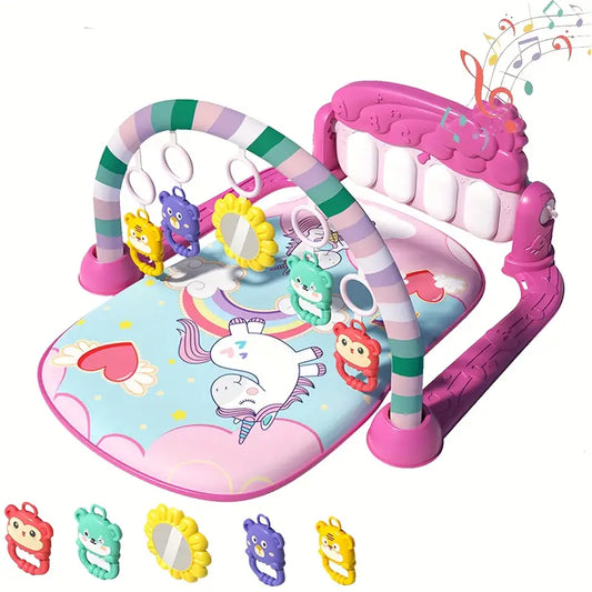 2 In 1 Baby Gym Play Mat Tummy Time Mat Musical Activity Center with 5 Rattle Toys 422 Melodies for 0-12 Months Old Space Dinosaur Unicorn
