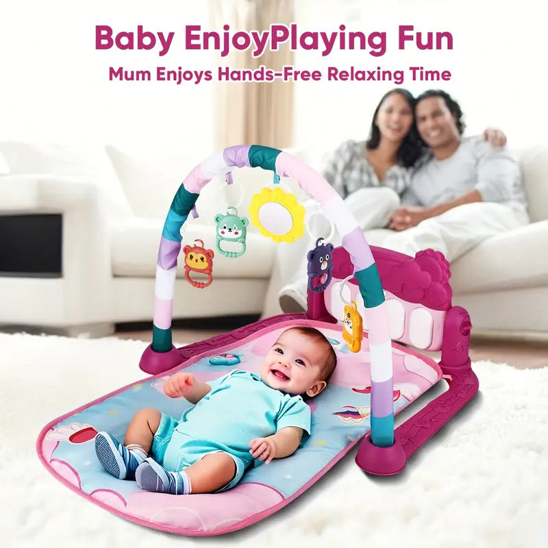 2 In 1 Baby Gym Play Mat Tummy Time Mat Musical Activity Center with 5 Rattle Toys 422 Melodies for 0-12 Months Old Space Dinosaur Unicorn