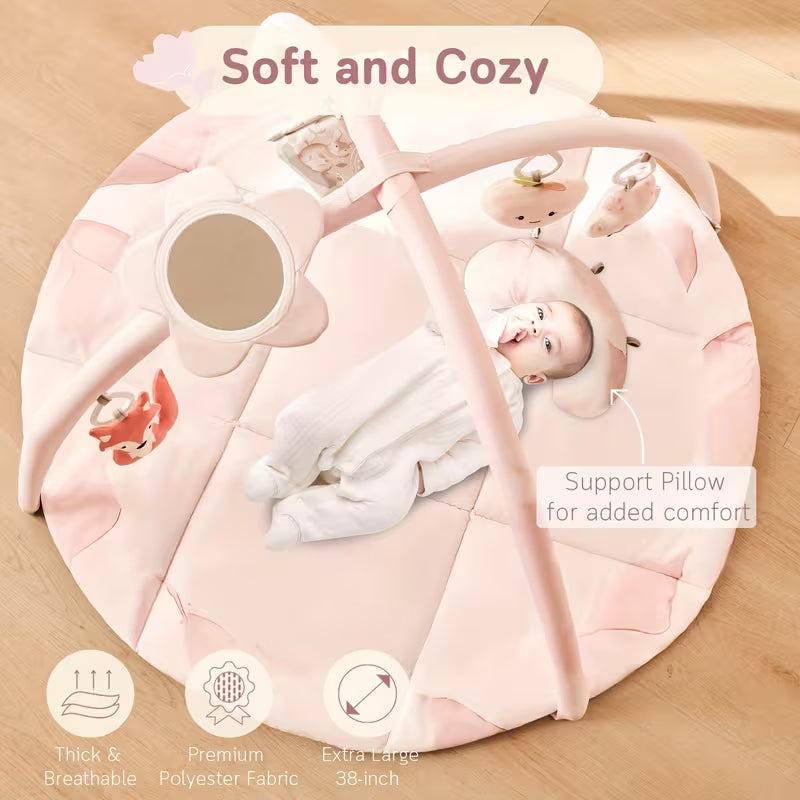 Baby Play Gym & Activity Mat, Tummy Time Mat with 5 Detachable Toys and Pillow, Large Sensory Playmat for Floor, Oversize Flower Pattern Play Mat