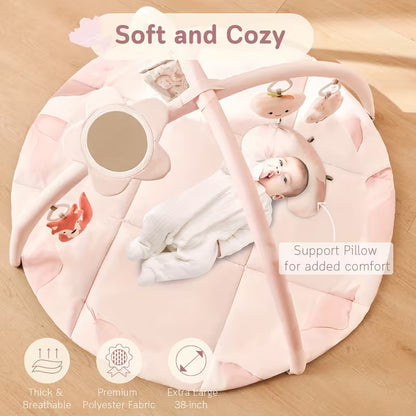 Baby Play Gym & Activity Mat, Tummy Time Mat with 5 Detachable Toys and Pillow, Large Sensory Playmat for Floor, Oversize Flower Pattern Play Mat