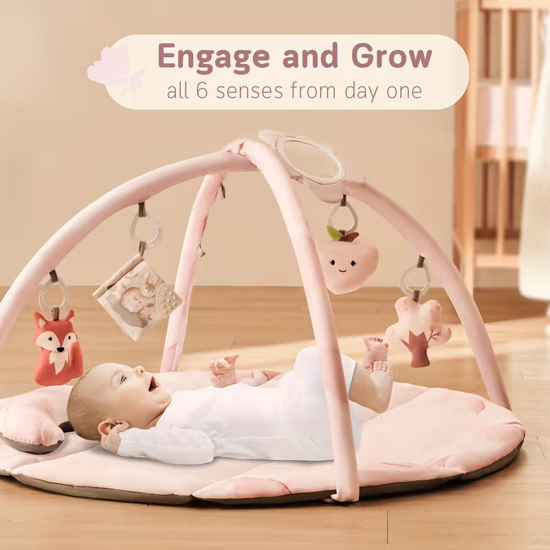 Baby Play Gym & Activity Mat, Tummy Time Mat with 5 Detachable Toys and Pillow, Large Sensory Playmat for Floor, Oversize Flower Pattern Play Mat