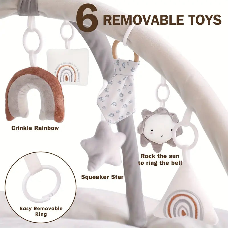 5-in-1 Thick & Plush Baby Play Gym, Tummy Time Mat with 6 Toys