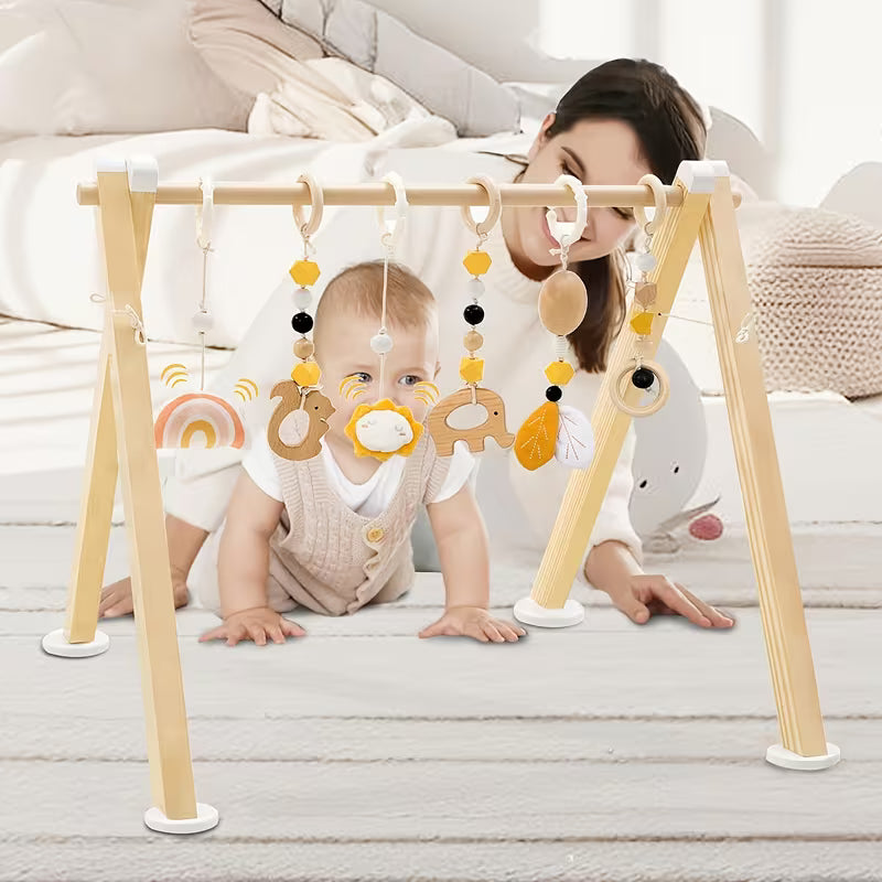 Wooden Baby Gym Featuring Six Hanging Toys, a Foldable Design Suitable for Infants Aged 0-12 Months, Perfect As a Gift for Newborns