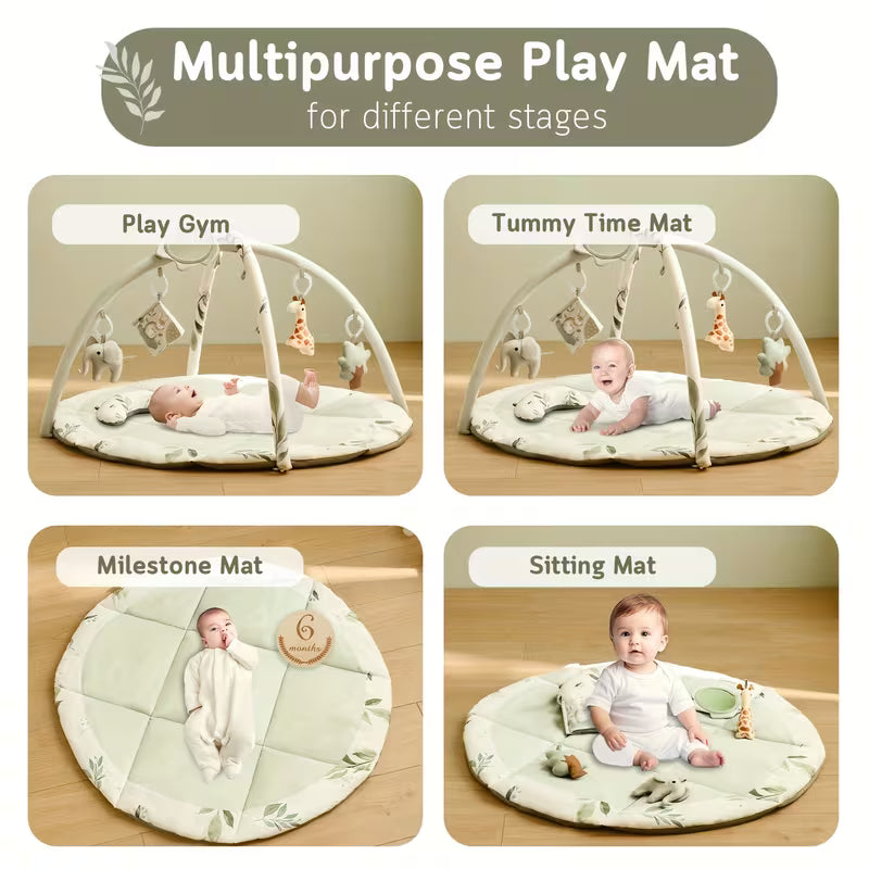 Baby Play Gym & Activity Mat, Tummy Time Mat W 5 Detachable Toys And Pillow, Large Sensory Playmat for Floor, Newborn Infant Baby Essentials