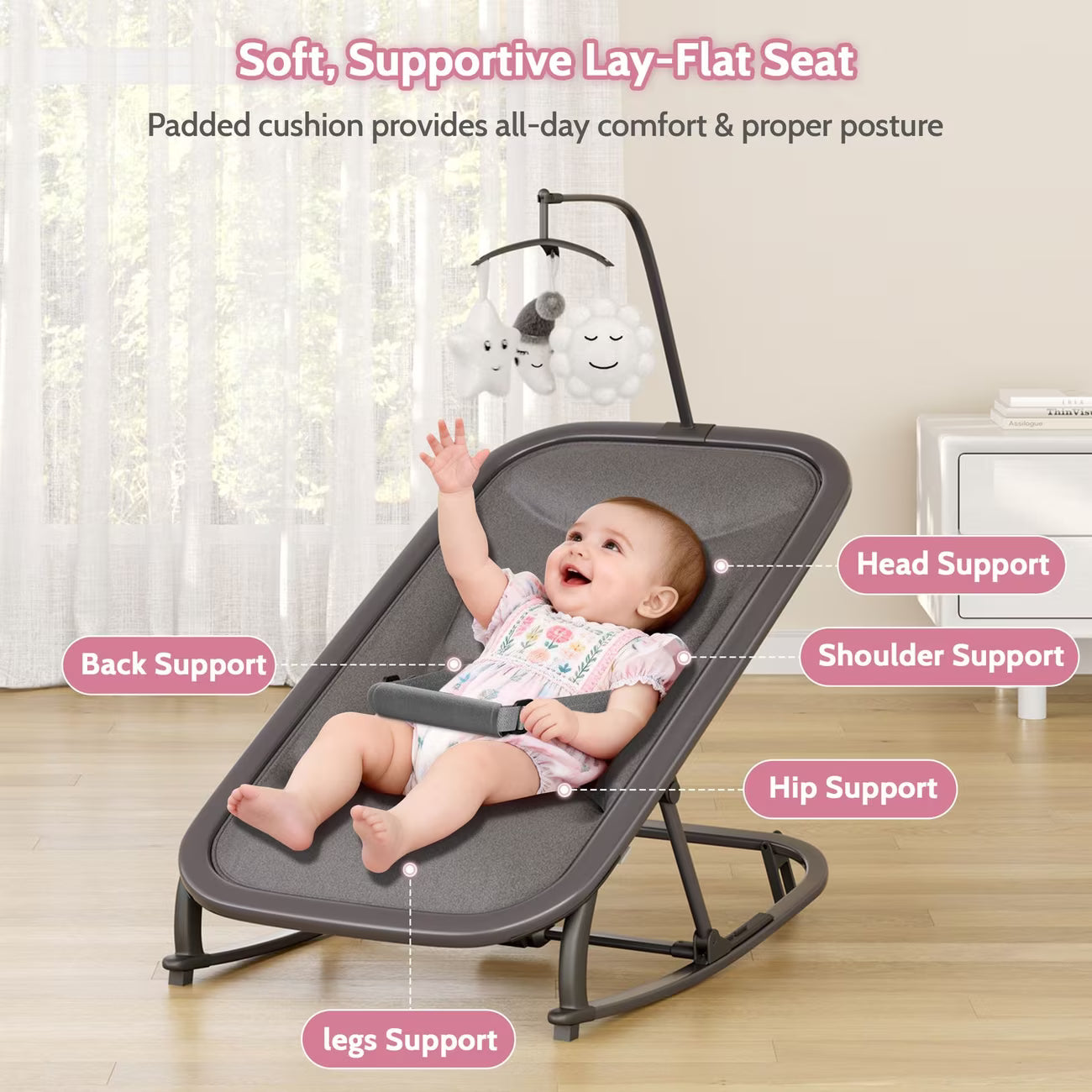 Baby Bouncer Folding Bouncer Seat Chair for Babies 0-9 Months with Toy Bar Gray