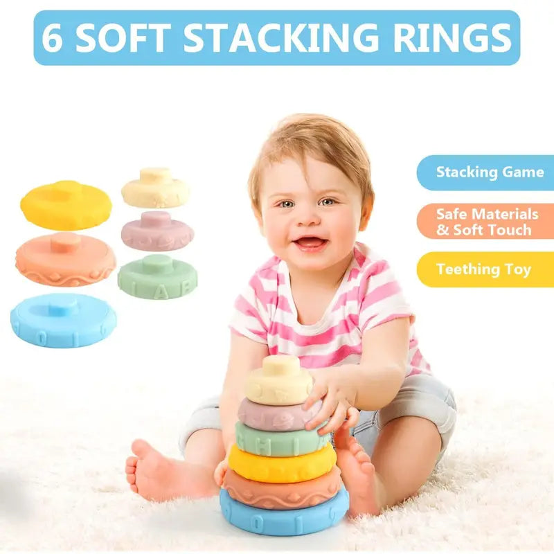 5-in-1 Baby Sensory Toys for 6 to 36 Months, Pull String Toys, Stacking Blocks, Sensory Shapes Simulation Remote Control