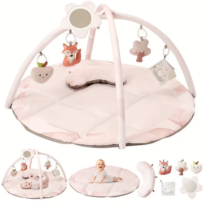 Baby Play Gym & Activity Mat, Tummy Time Mat with 5 Detachable Toys and Pillow, Large Sensory Playmat for Floor, Oversize Flower Pattern Play Mat