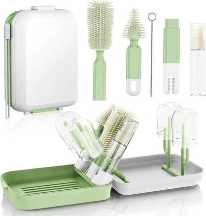 Portable Silicone Bottle Cleaning Kit – Baby Bottle Brush Set with Drying Rack & Travel Case – BPA-Free, Dishwasher Safe for Home & On-the-Go