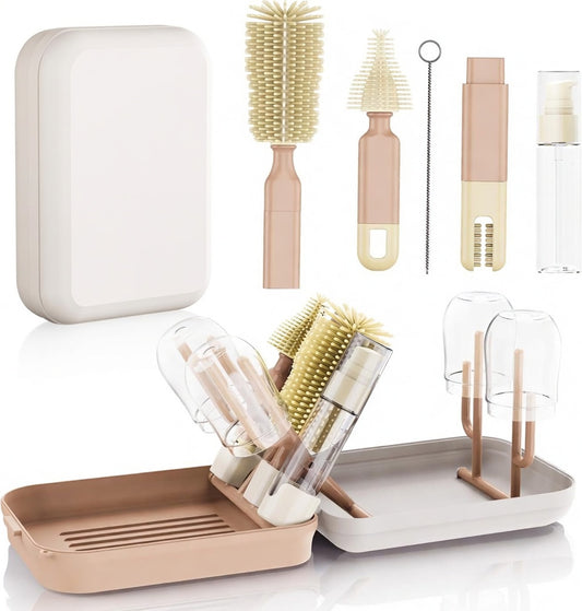 Portable Silicone Bottle Cleaning Kit – Baby Bottle Brush Set with Drying Rack & Travel Case – BPA-Free, Dishwasher Safe for Home & On-the-Go