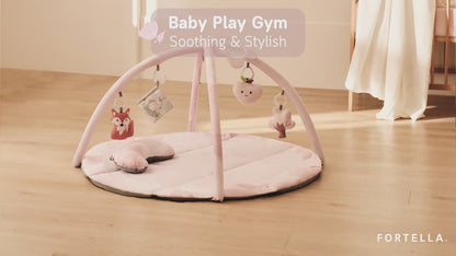 Baby Play Gym & Activity Mat, Tummy Time Mat with 5 Detachable Toys and Pillow, Large Sensory Playmat for Floor, Oversize Flower Pattern Play Mat