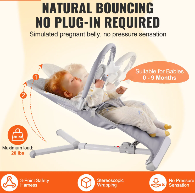Baby Bouncer Folding Bouncer Seat Chair for Babies 0-9 Months with Toy Bar Gray