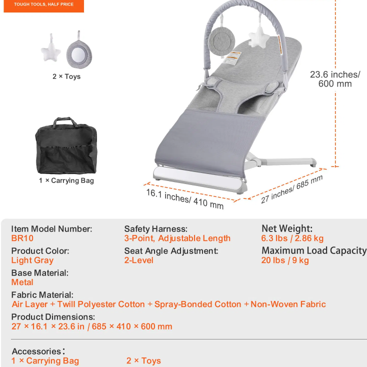 Baby Bouncer Folding Bouncer Seat Chair for Babies 0-9 Months with Toy Bar Gray
