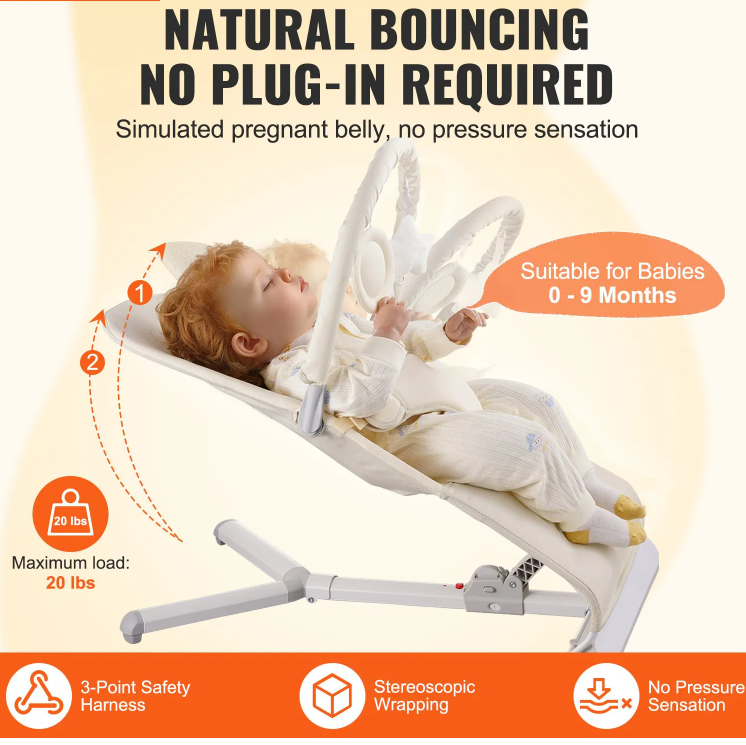 Baby Bouncer Folding Bouncer Seat Chair for Babies 0-9 Months with Toy Bar  Khaki