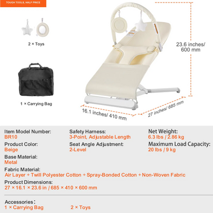 Baby Bouncer Folding Bouncer Seat Chair for Babies 0-9 Months with Toy Bar  Khaki