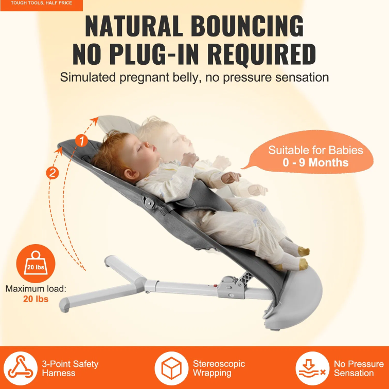 Baby Bouncer Folding Bouncer Seat Chair for Babies with 2 Reclining Angles Gray