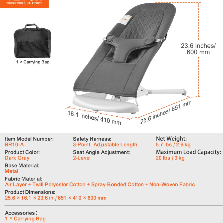 Baby Bouncer Folding Bouncer Seat Chair for Babies with 2 Reclining Angles Gray