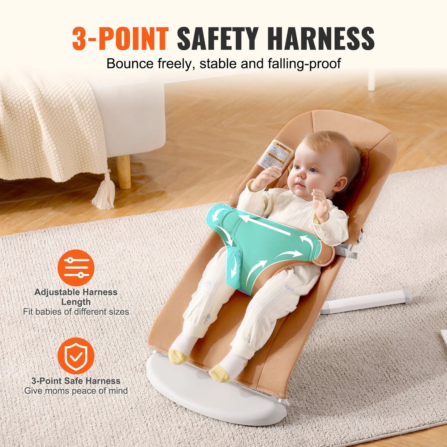Baby Bouncer Folding Bouncer Seat Chair for Babies with 2 Reclining Angles Brown