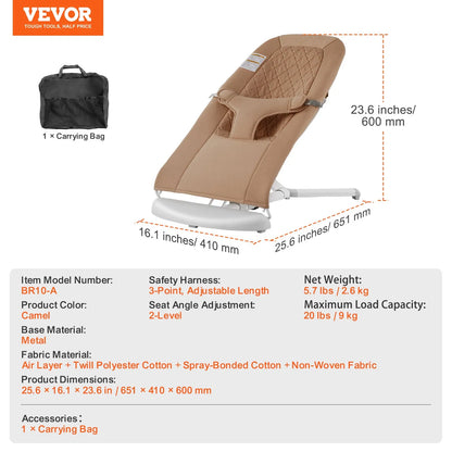 Baby Bouncer Folding Bouncer Seat Chair for Babies with 2 Reclining Angles Brown