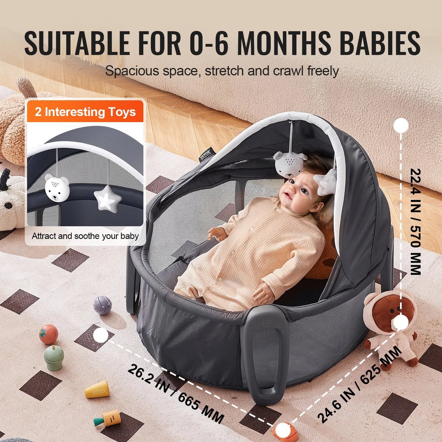 Portable Baby Bassinet On-The-Go Folding Baby Dome with Canopy and Toys